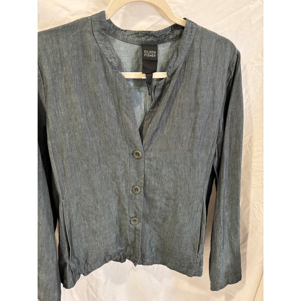 Eileen Fisher Button Front Shirt Womens Medium Grey Blue Linen Blend - Picture 3 of 4